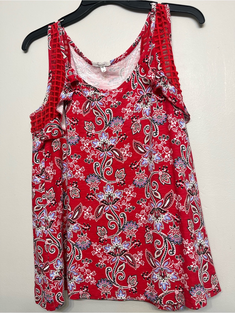 Maurices Red, White, Blue Floral Print Sleeveless Ruffle Top, Size Medium